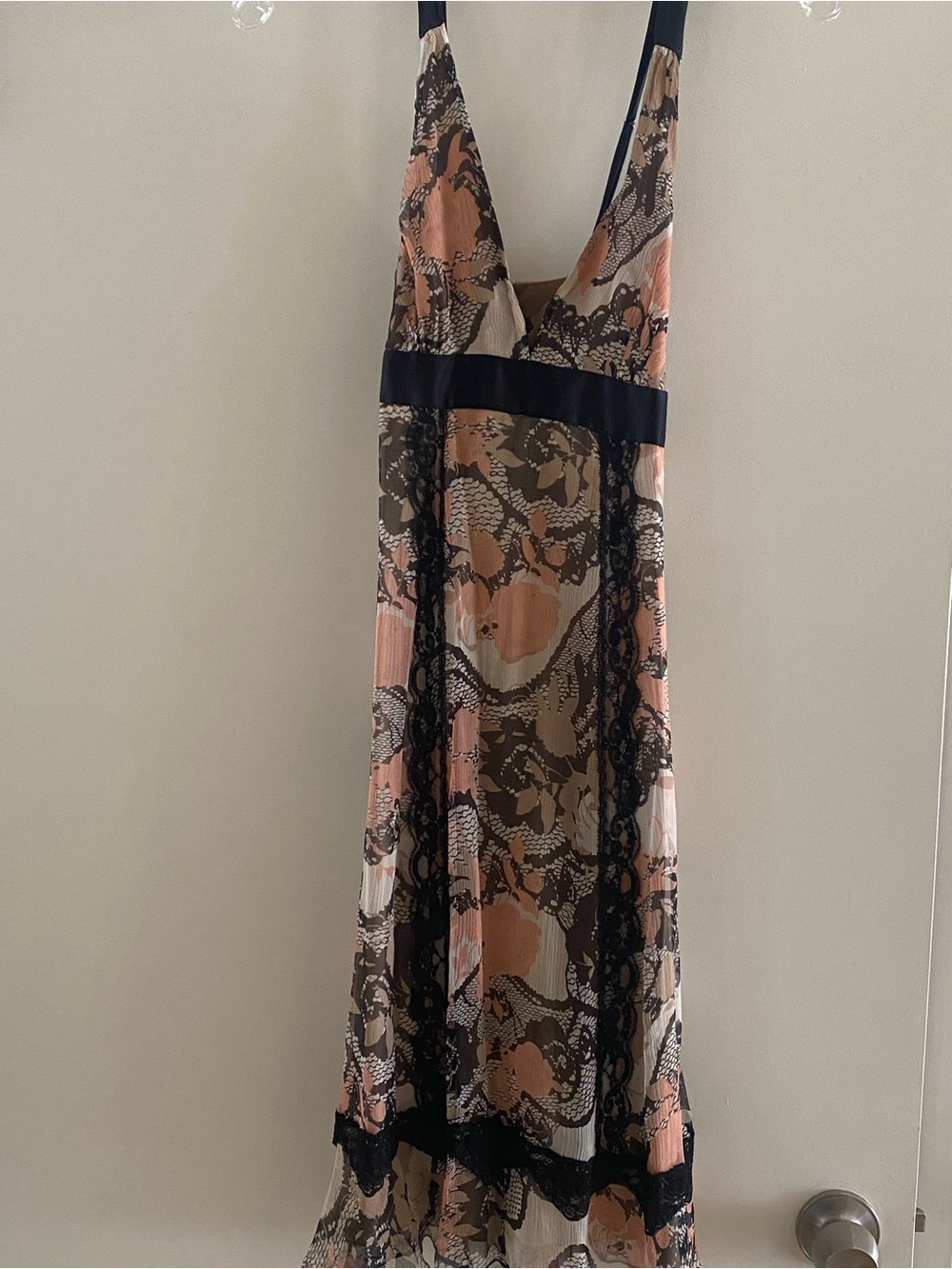 bebe Peach and Black Lace-Trim Midi Dress